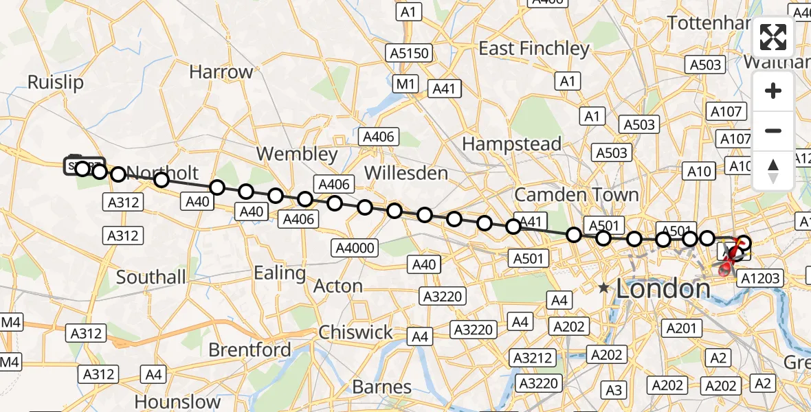 Flight route Air Ambulance Helicopter RAF Northolt - Royal London Hospital, 18 September 2026, 07:01