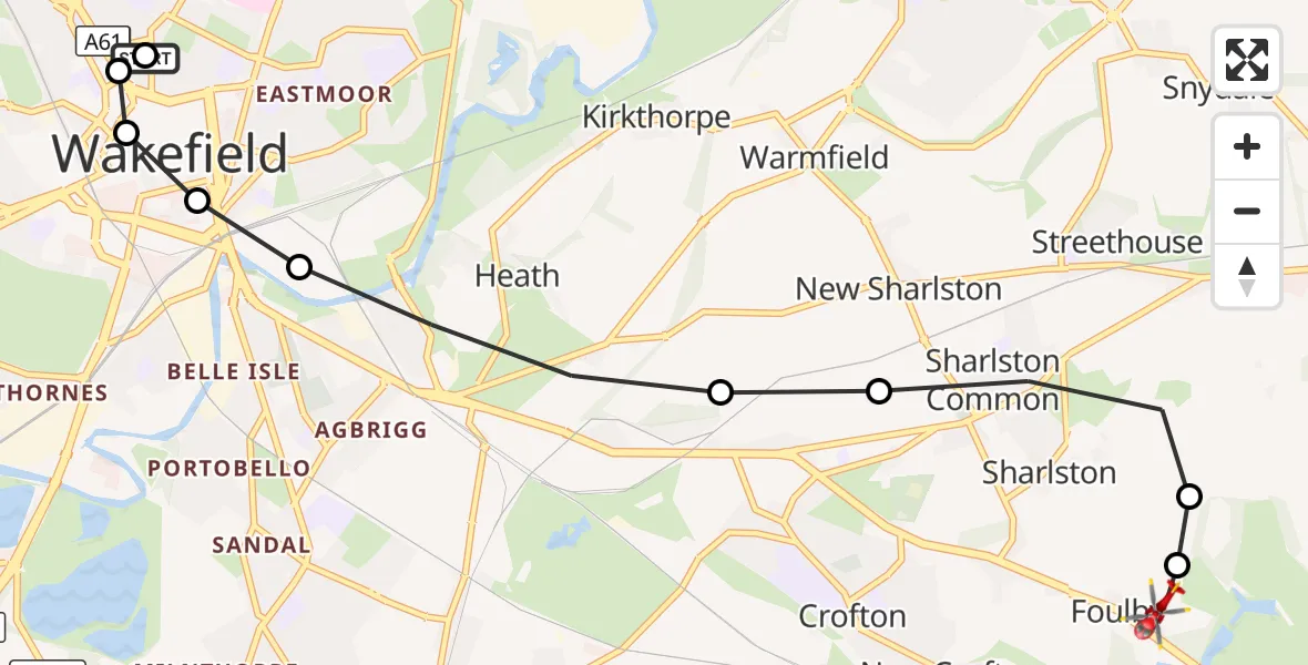 Flight route Air Ambulance Helicopter Stanley - YAA Nostell Helicopter Port, 18 September 2026, 07:53