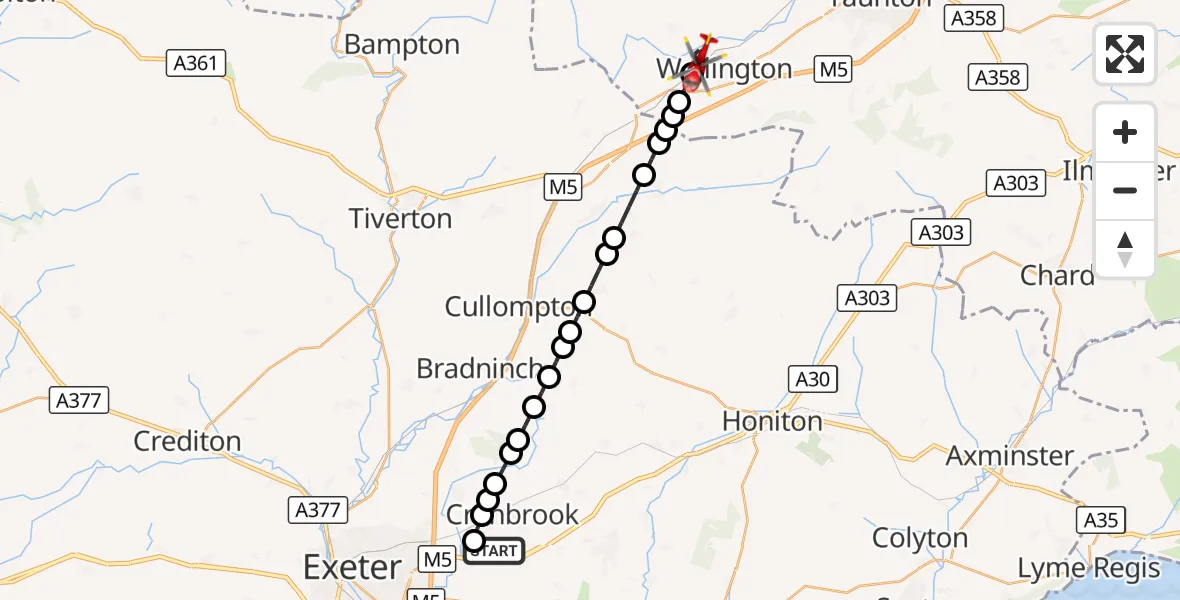 Flight route Air Ambulance Helicopter Exeter International Airport - Wellington, 18 September 2026, 08:05
