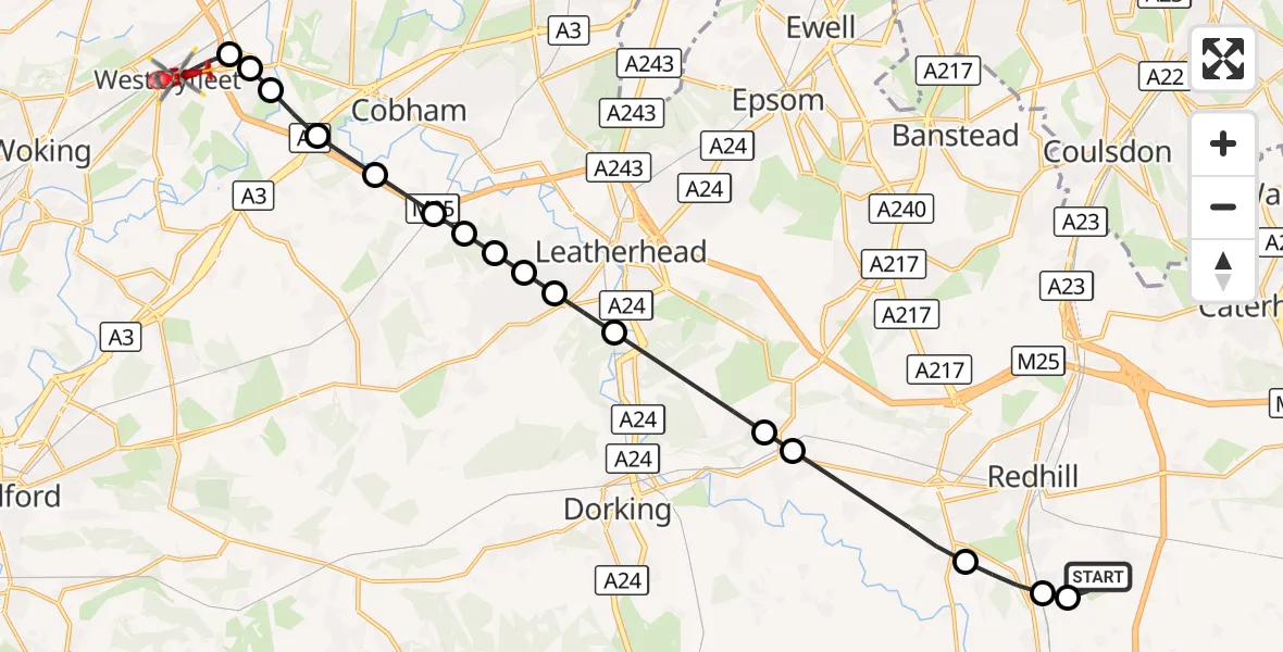 Flight route Air Ambulance Helicopter Redhill Aerodrome - Woking, 18 September 2026, 08:18