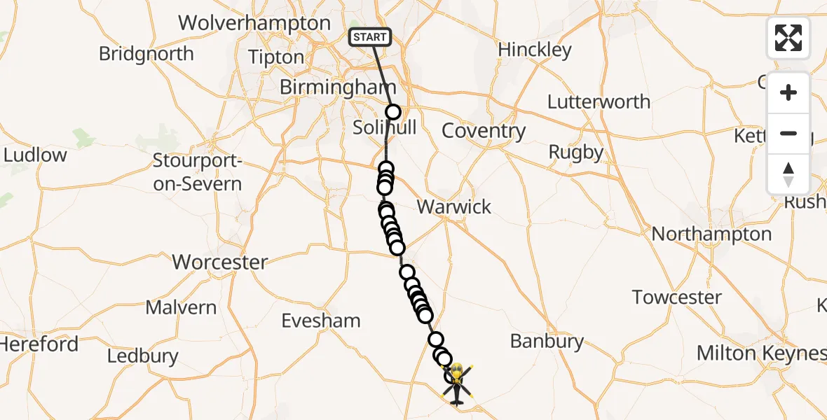 Flight route Police Helicopter Sutton Coldfield - Long Compton, 18 September 2026, 08:23