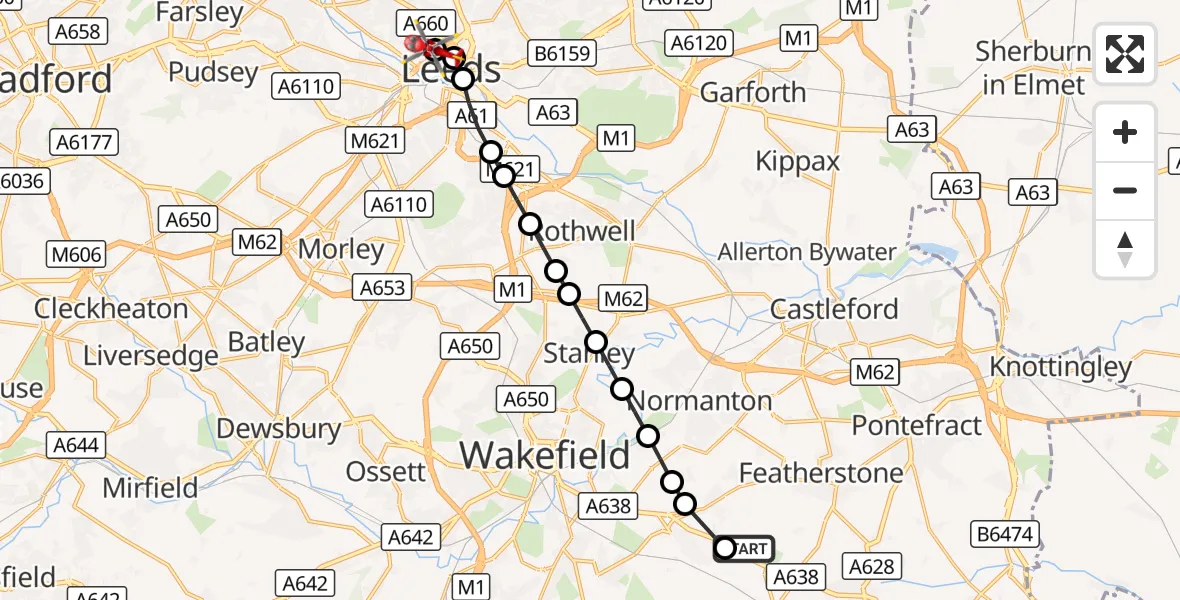 Flight route Air Ambulance Helicopter YAA Nostell Helicopter Port - Hyde Park, 18 September 2026, 08:24