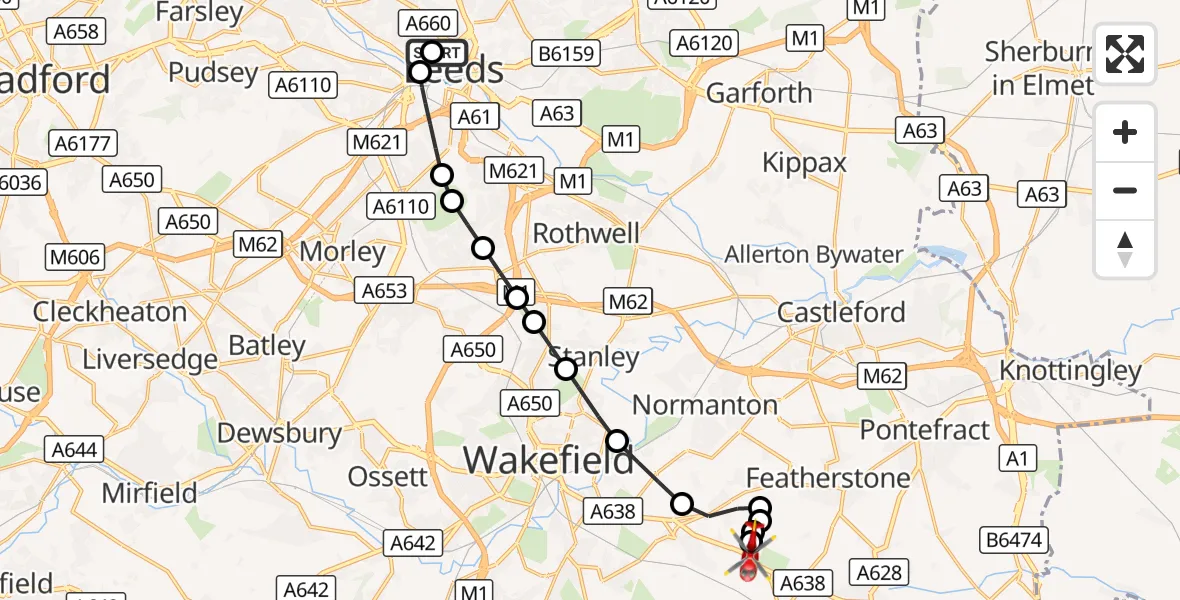 Flight route Air Ambulance Helicopter Woodhouse - YAA Nostell Helicopter Port, 18 September 2026, 08:46