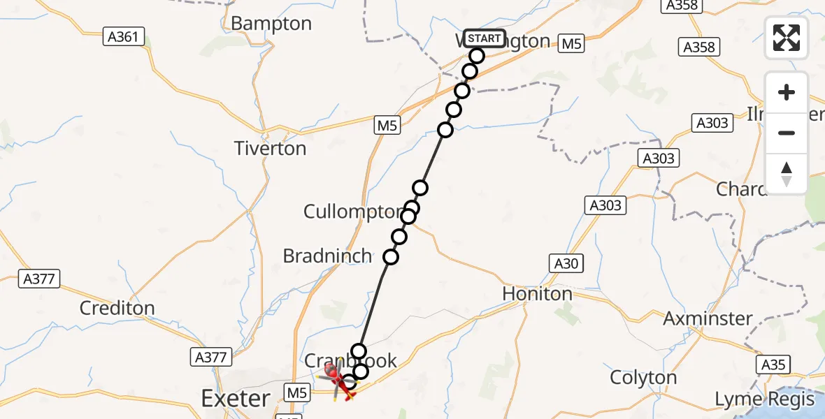 Flight route Air Ambulance Helicopter Wellington - Exeter International Airport, 18 September 2026, 08:56