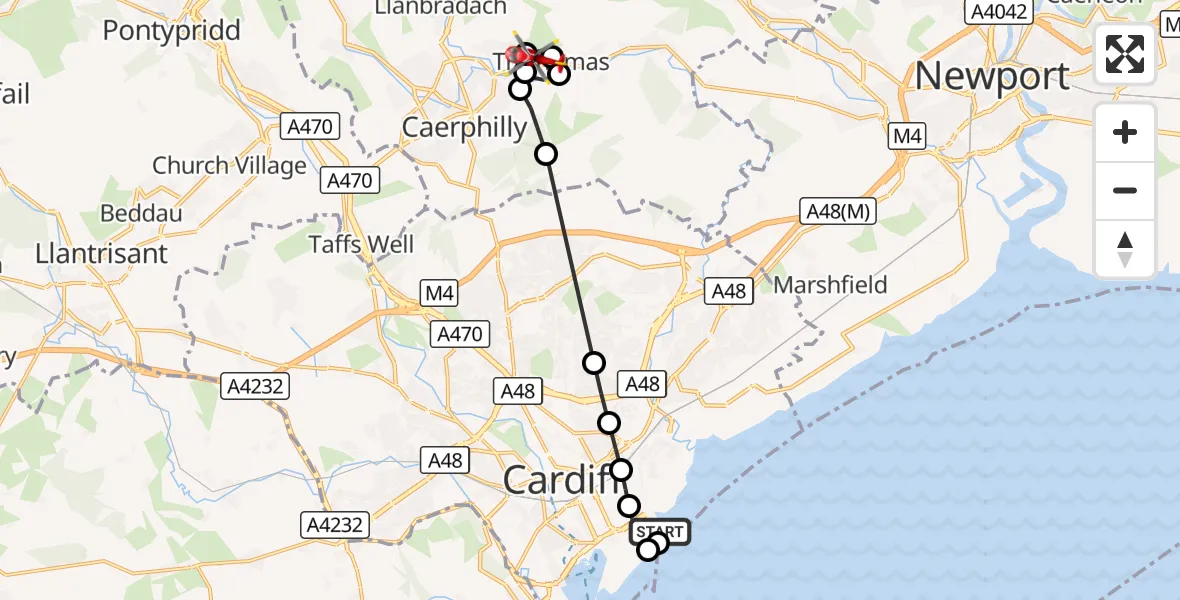 Flight route Air Ambulance Helicopter Cardiff Heliport - Bedwas, 18 September 2026, 08:59