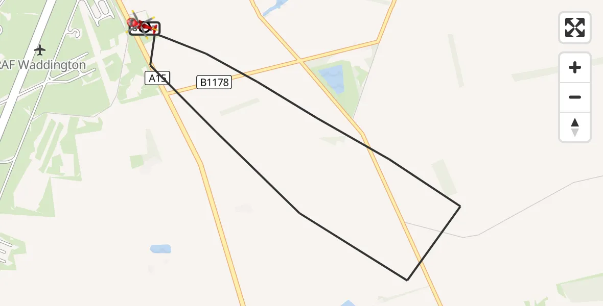 Flight route Air Ambulance Helicopter RAF Waddington - North Kesteven, 18 September 2026, 09:07