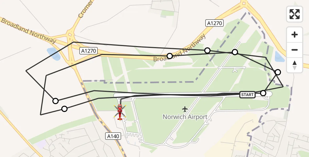 Flight route Air Ambulance Helicopter Norwich Airport - Norwich Airport, 18 September 2026, 09:35