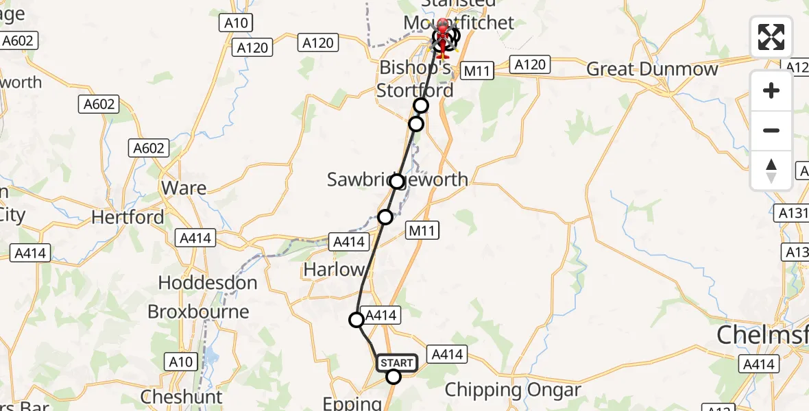Flight route Air Ambulance Helicopter North Weald Airfield - Birchanger, 18 September 2026, 09:43