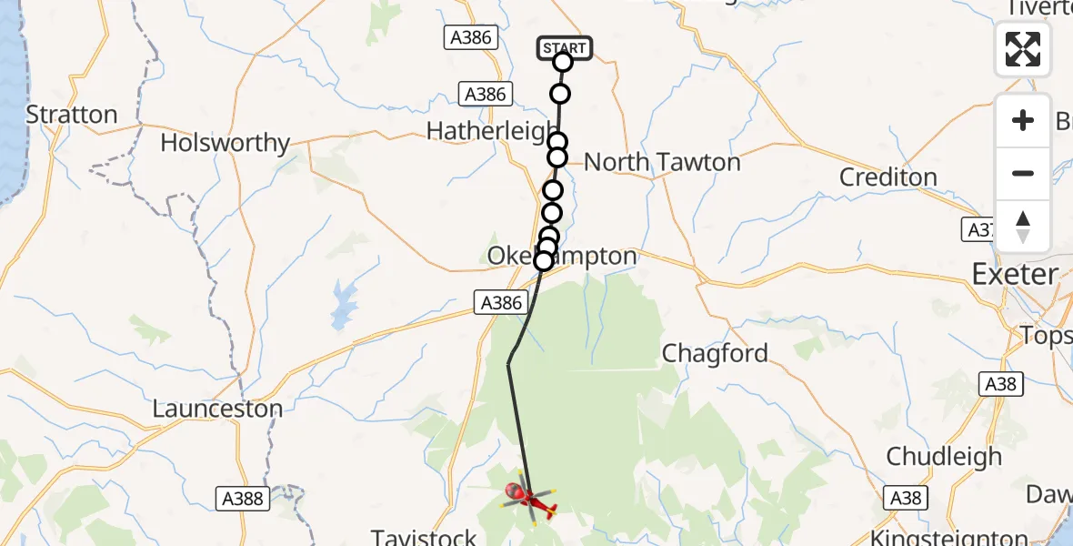 Flight route Air Ambulance Helicopter Winkleigh - West Devon, 18 September 2026, 09:53