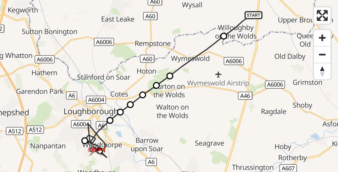 Flight route Air Ambulance Helicopter Willoughby on the Wolds - Woodhouse, 18 September 2026, 10:00