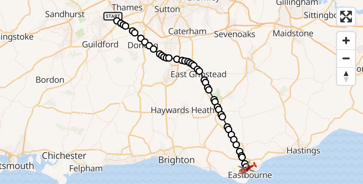 Flight route Air Ambulance Helicopter Woking - Eastbourne, 18 September 2026, 10:07