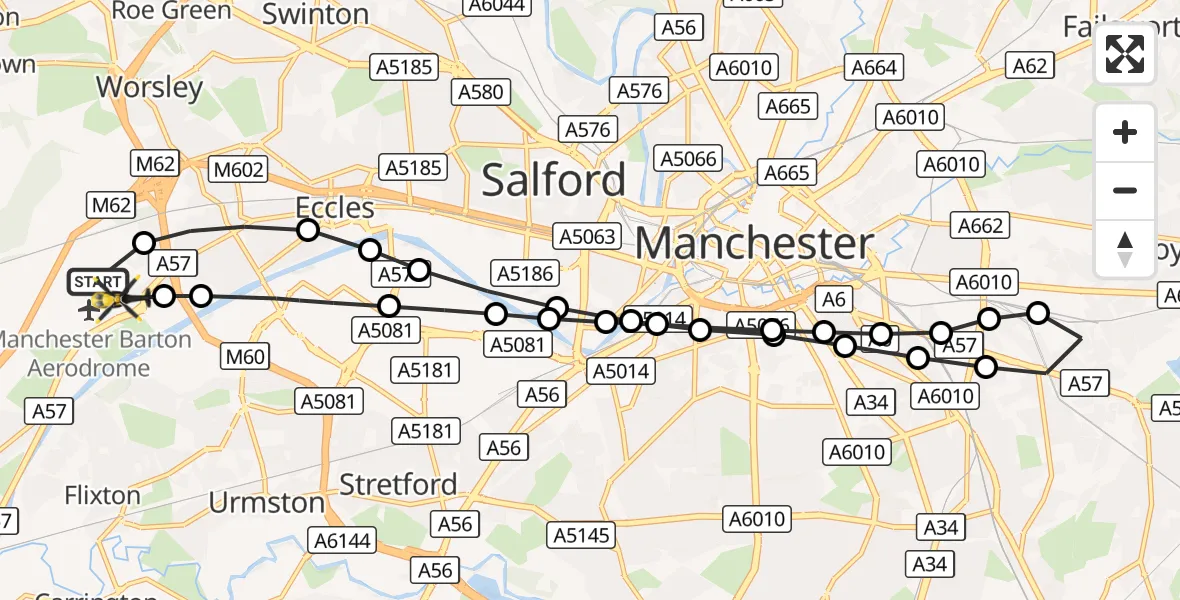 Flight route Police Helicopter Manchester Barton Aerodrome - Worsley, 18 September 2026, 10:25