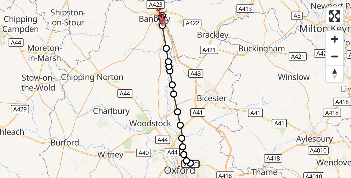 Flight route Air Ambulance Helicopter John Radcliffe Hospital - Banbury, 18 September 2026, 10:25