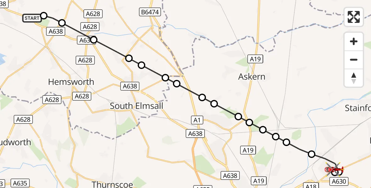 Flight route Air Ambulance Helicopter YAA Nostell Helicopter Port - Kirk Sandall, 18 September 2026, 10:27
