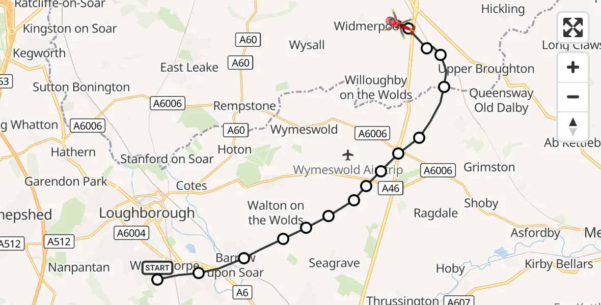 Flight route Air Ambulance Helicopter Woodthorpe - Widmerpool, 18 September 2026, 10:38