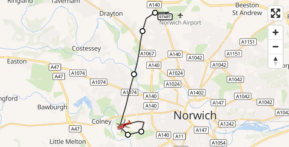 Flight route Air Ambulance Helicopter Norwich Airport - Norwich, 18 September 2026, 10:39