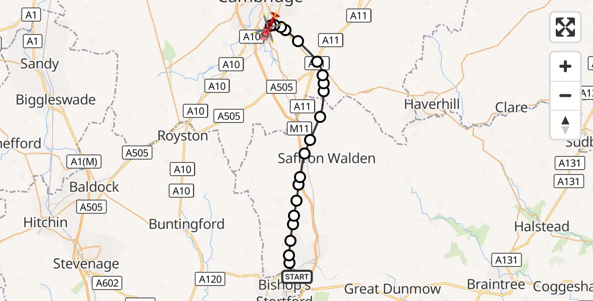 Flight route Air Ambulance Helicopter Birchanger - Papworth Hospital, 18 September 2026, 10:44
