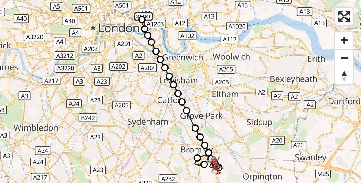 Flight route Air Ambulance Helicopter Royal London Hospital - Bromley Common, 18 September 2026, 10:46