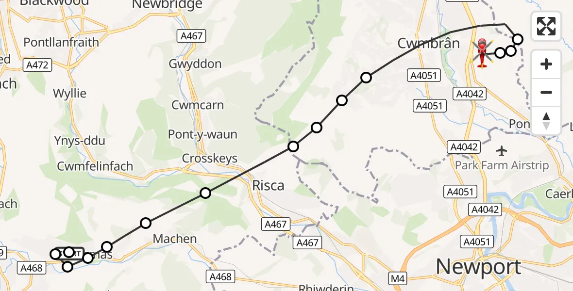 Flight route Air Ambulance Helicopter Trethomas - Grange University Hospital Heliport, 18 September 2026, 10:46