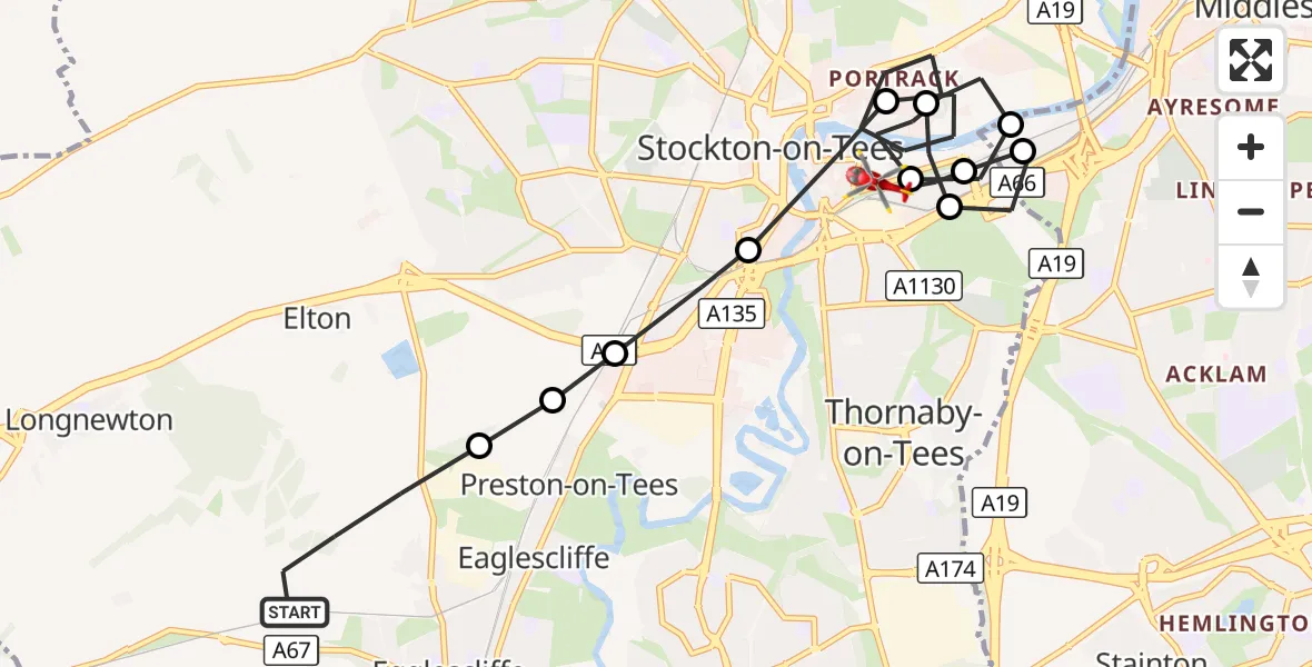 Flight route Air Ambulance Helicopter Egglescliffe - Thornaby-on-Tees, 18 September 2026, 10:48