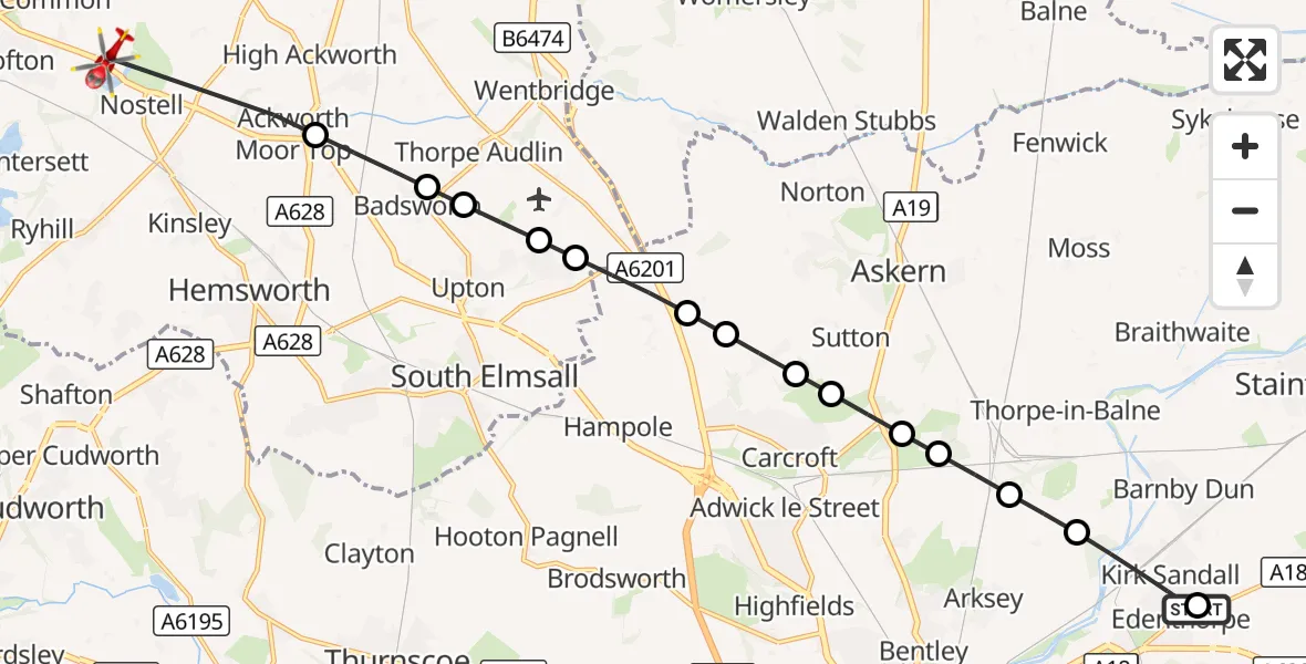 Flight route Air Ambulance Helicopter Edenthorpe - YAA Nostell Helicopter Port, 18 September 2026, 10:53