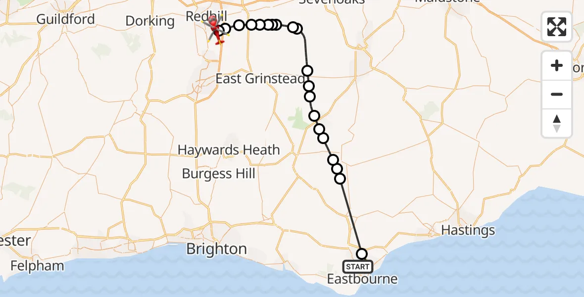 Flight route Air Ambulance Helicopter Eastbourne - Redhill Aerodrome, 18 September 2026, 10:58
