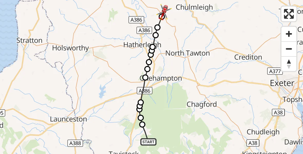 Flight route Air Ambulance Helicopter West Devon - Riddlecombe, 18 September 2026, 11:07