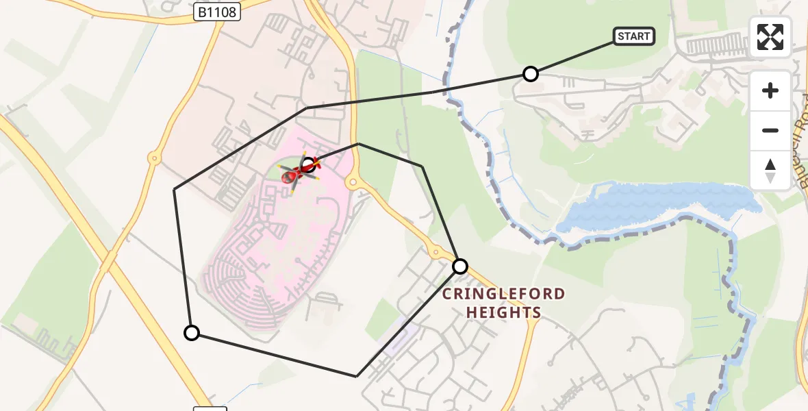 Flight route Air Ambulance Helicopter Norwich - Norfolk & Norwich Hospital, 18 September 2026, 11:12