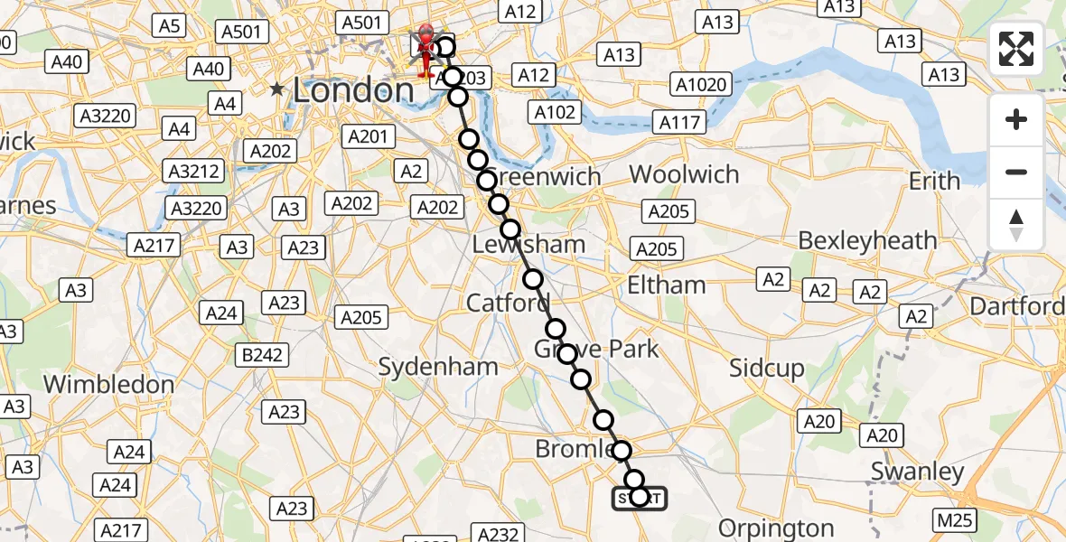 Flight route Air Ambulance Helicopter Southborough - Royal London Hospital, 18 September 2026, 11:22