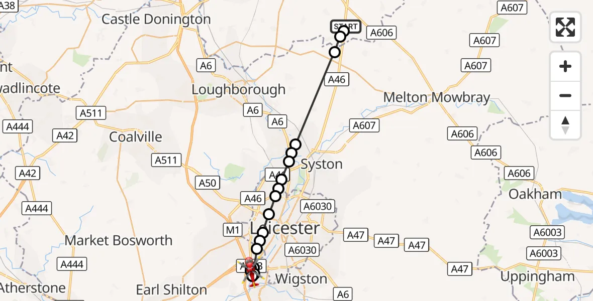 Flight route Air Ambulance Helicopter Nottingham Heliport - Enderby, 18 September 2026, 11:33