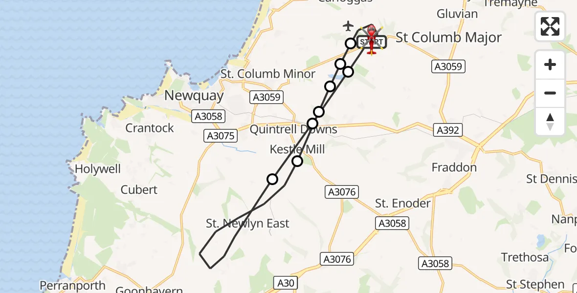 Flight route Air Ambulance Helicopter Cornwall Airport Newquay - Cornwall Airport Newquay, 18 September 2026, 11:37