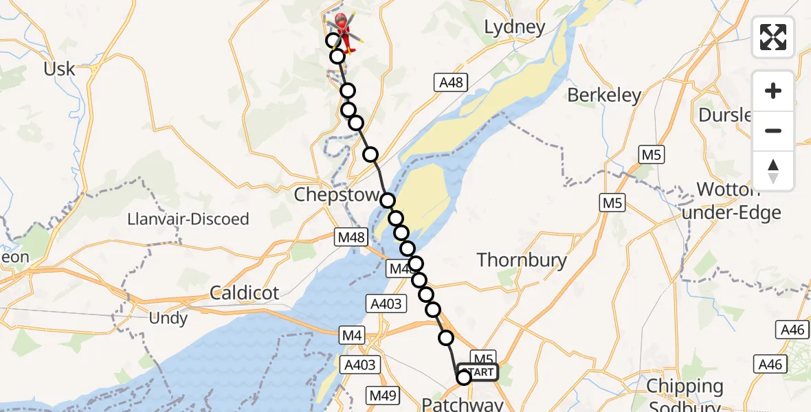 Flight route Air Ambulance Helicopter Almondsbury Helicopter Base - Brockweir, 18 September 2026, 11:40