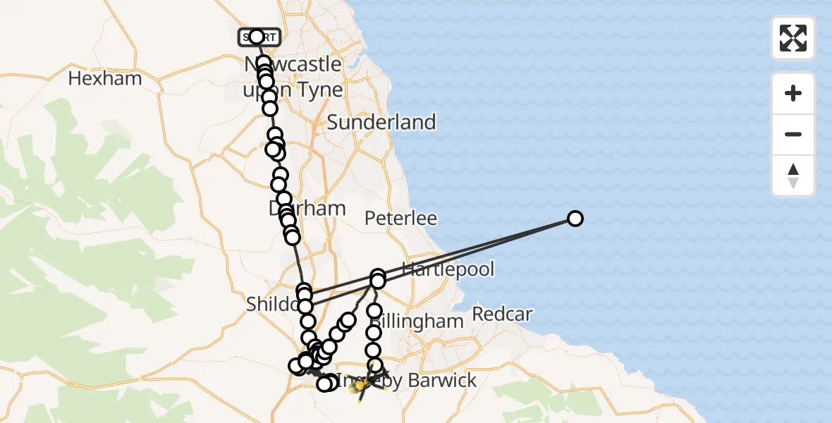 Flight route Police Helicopter Newcastle International Airport - Longnewton, 18 September 2026, 11:41