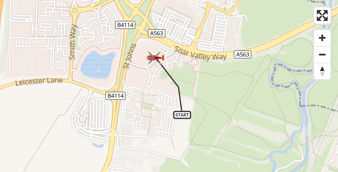 Flight route Air Ambulance Helicopter Blaby - Enderby, 18 September 2026, 11:45
