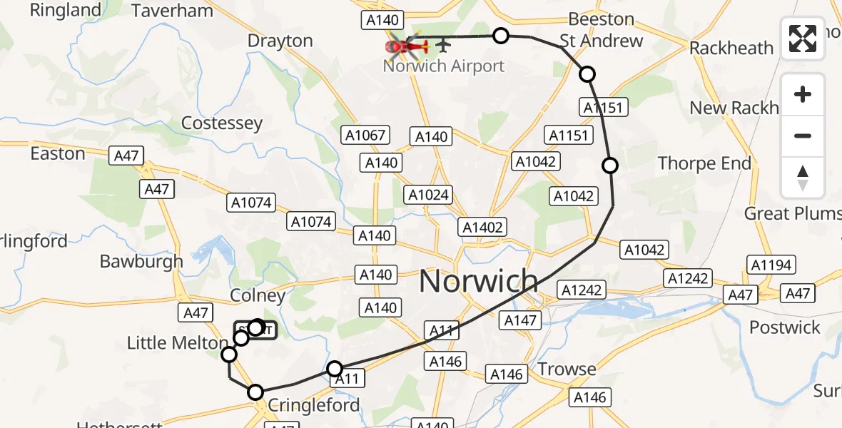 Flight route Air Ambulance Helicopter Norfolk & Norwich Hospital - Norwich Airport, 18 September 2026, 11:51