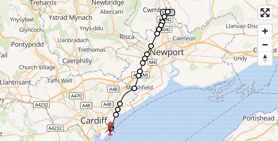 Flight route Air Ambulance Helicopter Grange University Hospital Heliport - Cardiff Heliport, 18 September 2026, 12:01