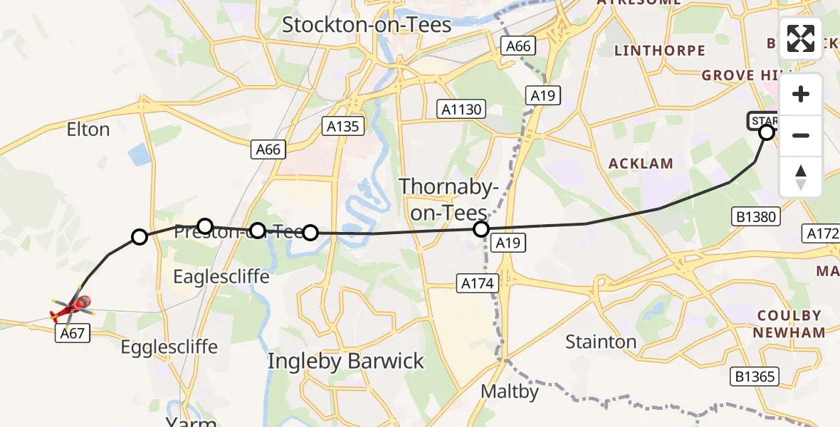 Flight route Air Ambulance Helicopter James Cook University Hospital - Egglescliffe, 18 September 2026, 12:09