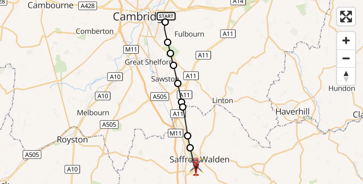 Flight route Air Ambulance Helicopter Cambridge City Airport - Saffron Walden, 18 September 2026, 12:16