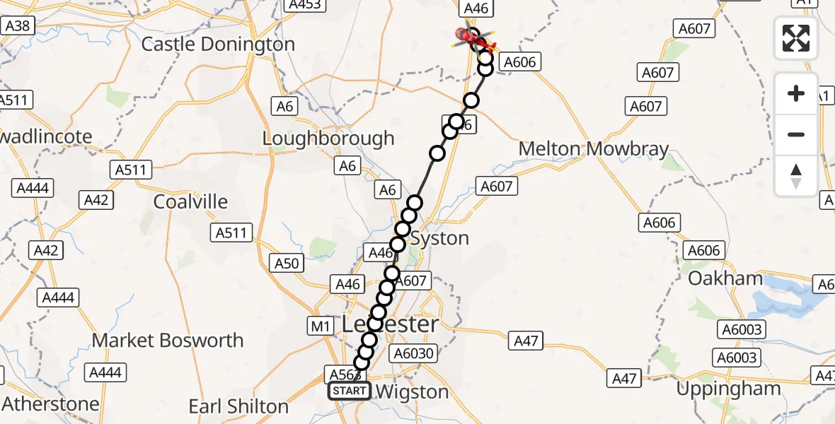 Flight route Air Ambulance Helicopter Blaby - Rushcliffe, 18 September 2026, 12:21