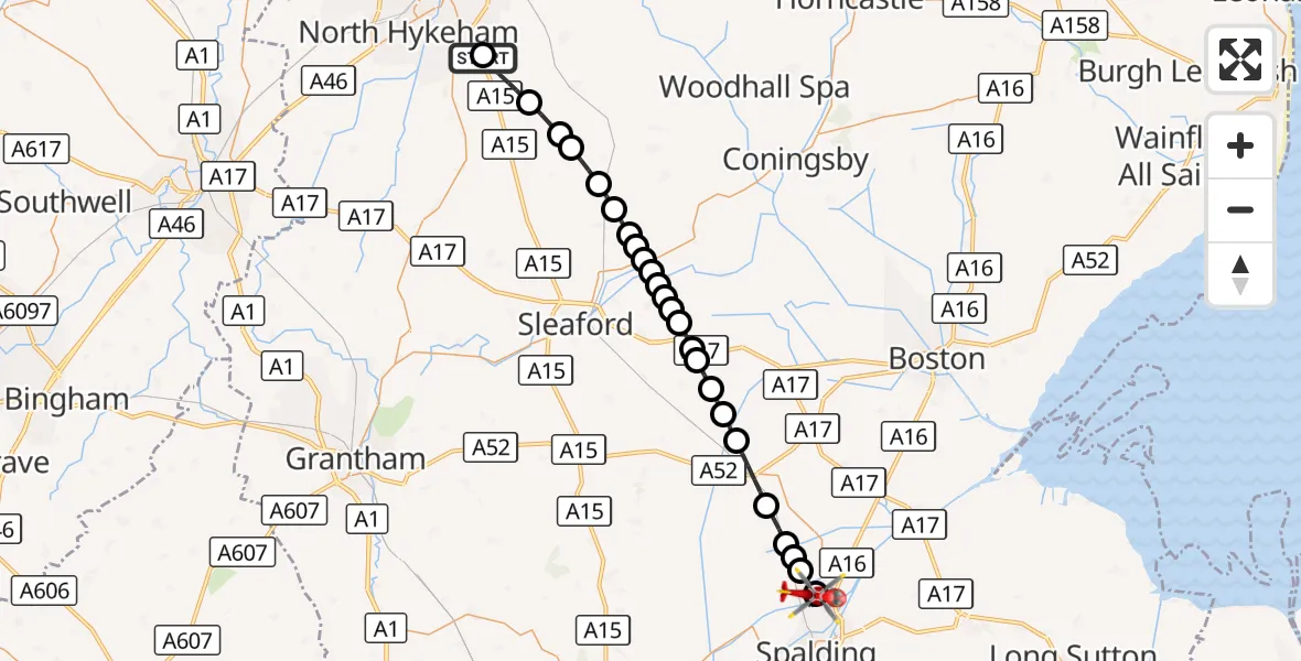 Flight route Air Ambulance Helicopter RAF Waddington - Pinchbeck CP, 18 September 2026, 12:35