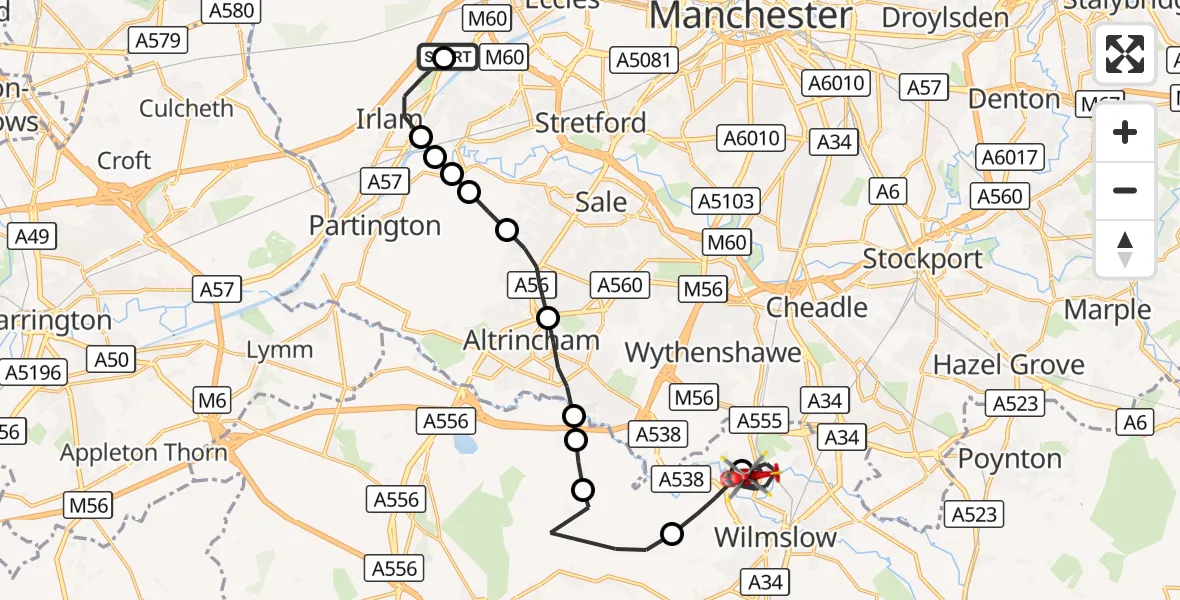 Flight route Air Ambulance Helicopter Manchester Barton Aerodrome - Styal, 18 September 2026, 12:41
