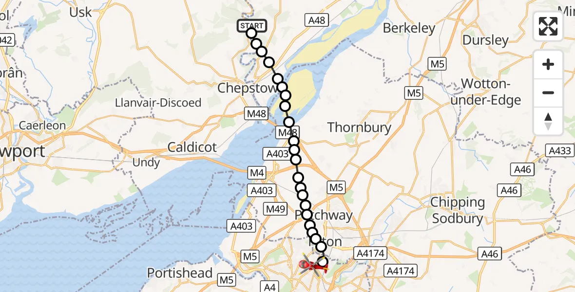 Flight route Air Ambulance Helicopter Tintern - Bristol, 18 September 2026, 12:55