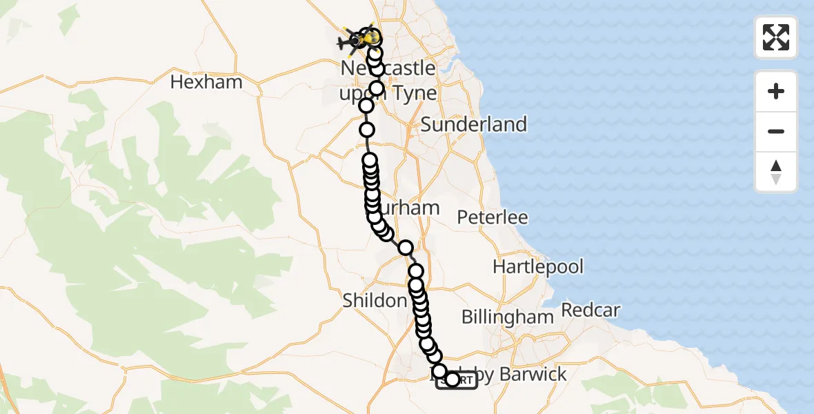 Flight route Police Helicopter Teesside International Airport - Newcastle International Airport, 18 September 2026, 12:58