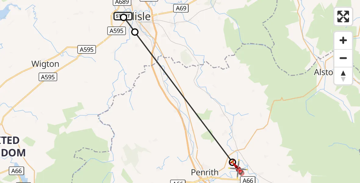 Flight route Air Ambulance Helicopter Carlisle General - Edenhall, 18 September 2026, 13:16