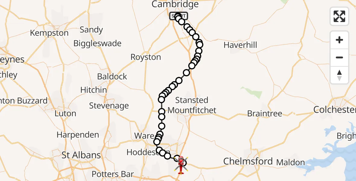 Flight route Air Ambulance Helicopter Papworth Hospital - North Weald Airfield, 18 September 2026, 13:29