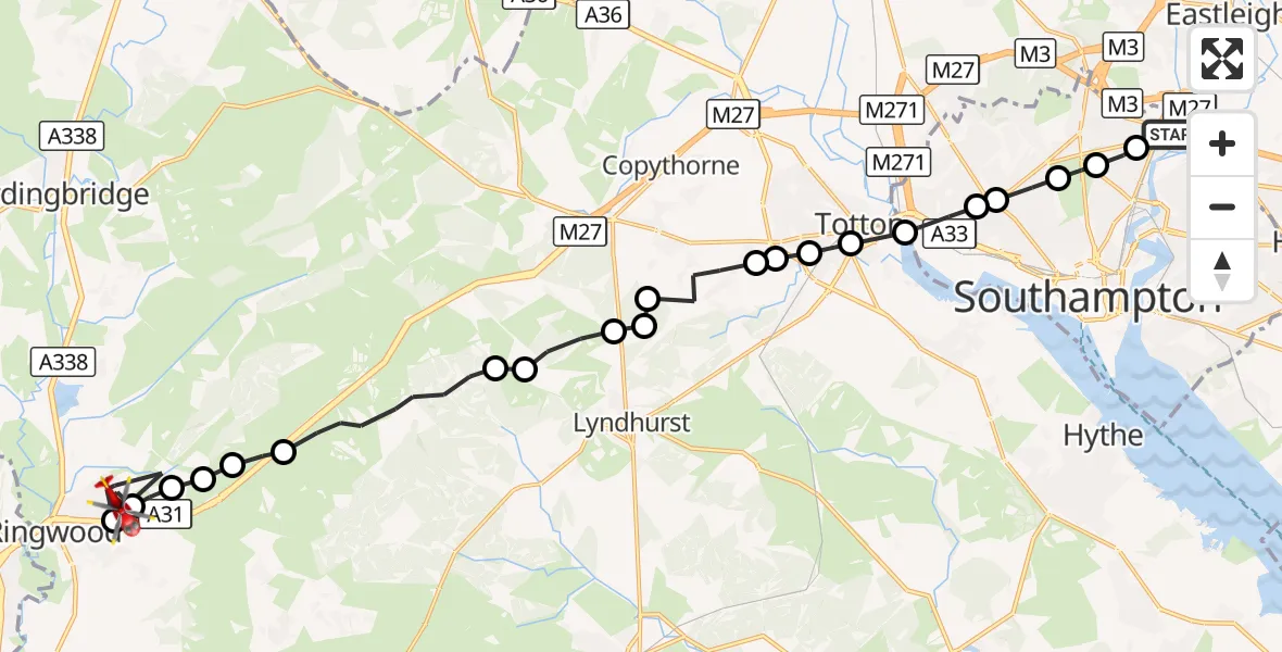 Flight route Air Ambulance Helicopter Mansbridge - Poulner, 18 September 2026, 13:40