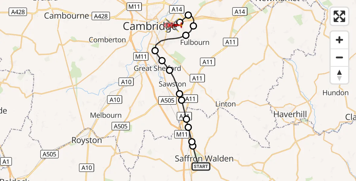 Flight route Air Ambulance Helicopter Saffron Walden - Cambridge City Airport, 18 September 2026, 13:55