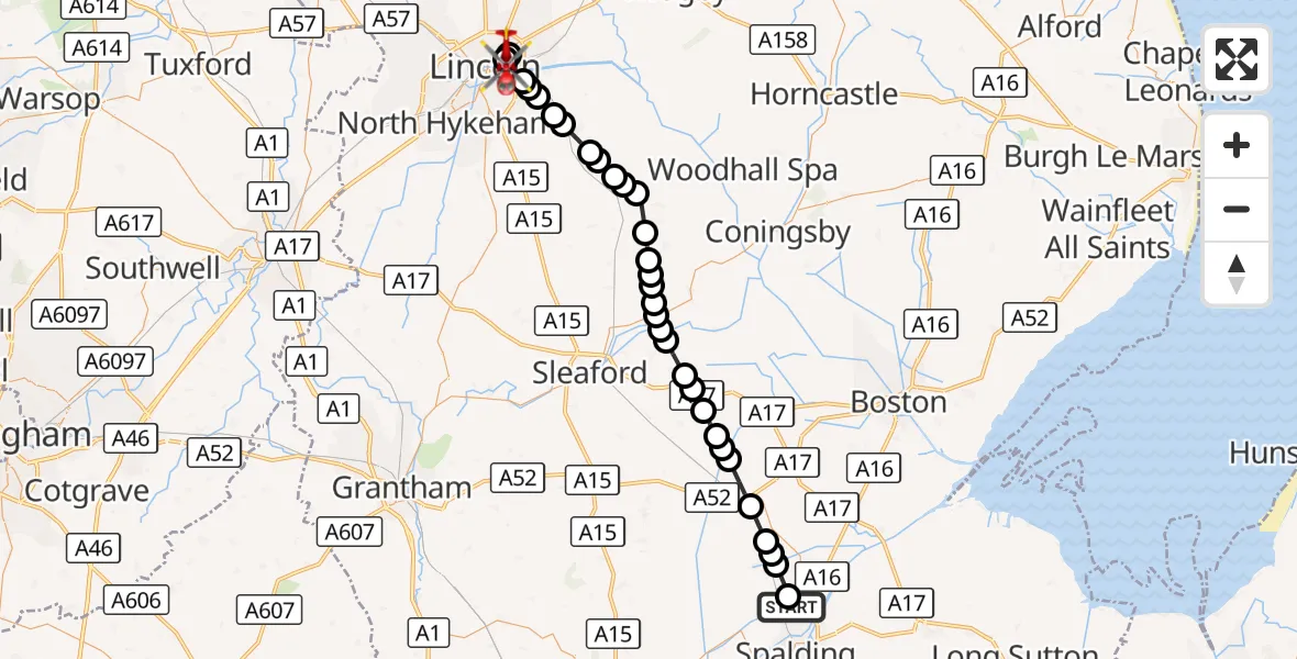 Flight route Air Ambulance Helicopter Pinchbeck CP - Bracebridge, 18 September 2026, 14:08