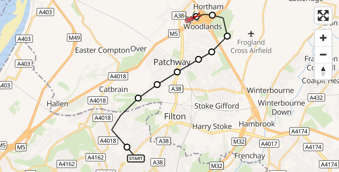 Flight route Air Ambulance Helicopter Southmead Hospital - Almondsbury Helicopter Base, 18 September 2026, 14:11