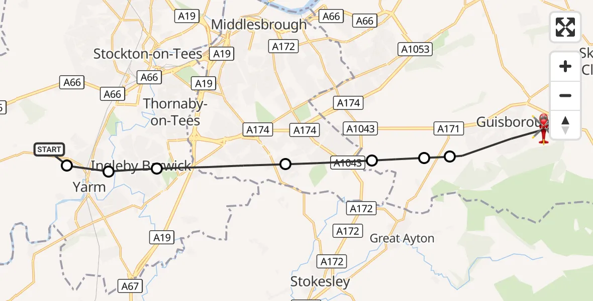Flight route Air Ambulance Helicopter Egglescliffe - Guisborough, 18 September 2026, 14:18